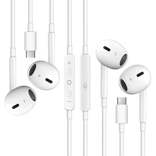 USB C Headphones for iPhone 17-2 Pack Type C Earphones for iPhone 15/16 Pro Max/Plus USB C Headphones Built-In Microphone and Volume Control Wired Earphones USB C for Galaxy S23/22/21/20 Ultra-White
