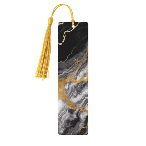ブラックホワイトゴールド箔大理石しおり タッセル付き、木製しおり 女性用 男性用 ハンドメイド ブックマーク 読書ページマーカー 木製タグ オーナメント 誕生日 教師 ギフト