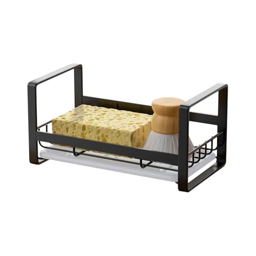Soporte de esponja para fregadero de cocina, soporte para cepillo con bandeja de drenaje, soporte para cepillo de metal, soporte para esponja, estante de almacenamiento para fregadero con bandeja de