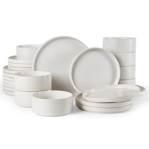 Image of Famiware Star Plates and Bowls Sets, Modern Stoneware Dinnerware Sets for 8, 24-Piece Kitchen Dish Set - Microwave and Dishwasher Safe, Chip and Scratch Resistant, Matte White