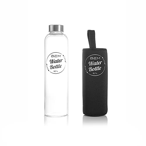 BEM Water Bottle - Trinkflasche aus Glas mit Edelstahldeckel 700ml, Spülmaschinenfest, Stoßfest, Silikonhülle, Borosilikatglas, robust