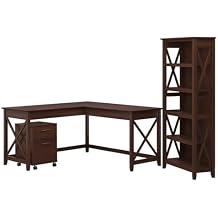 Bush Home Key West 60W L Shaped Desk with File Cabinets and 5 Shelf Bookcase in Bing Cherry