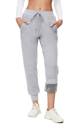 MOUEEY Womens Warm Sherpa Lined Athletic Sweatpants Jogger Fleece Pants with Zipper Pockets Light Grey 2XL