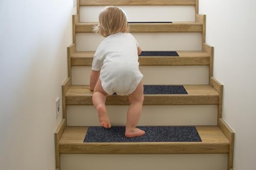 Ottomanson Non-Slip Stair Treads for Wooden Steps – Set of 7 Low-Profile Scraper Stair Mats with Rubber Backing, Indoor Staircase Protection for Kids & Pets – Dirt-Trapping Step Covers, 8" x 30",Black