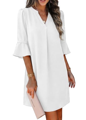 RUMIA Dresses for Women 2026 Elegant Classy V Neck with Pockets Ruffle Short Sleeve White XL