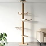 Floor to Ceiling Cat Trees for Kittens＆Large Cats with Natural Rope, Tall Cat Tree to Ceiling,Adjustable Height 82-112 Inches, DIY Wooden Tower Condo, Tall Cat Activity Tree(Deluxe Style 2)