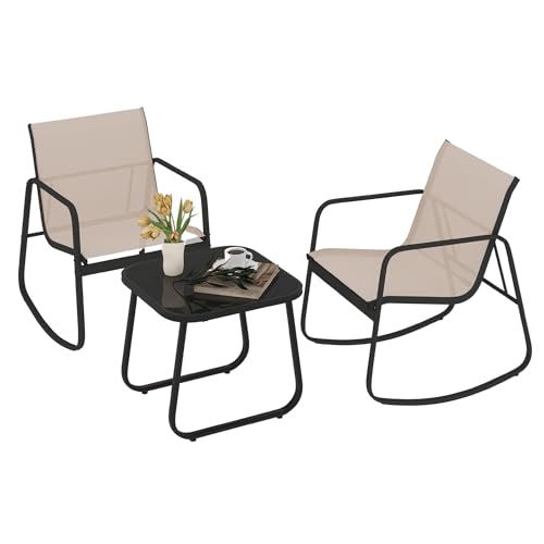 DWVO Brown 3-Piece Patio Bistro Set, Outdoor Textilene Furniture with 2 Rocking Chairs and Coffee Table for Backyard Lawn Garden Balcony Poolside