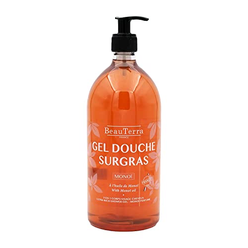 BeauTerra - Gel Douche Surgras 1L - Pour Peaux Sensibles - Sans Savon - Corps et Cheveux - Parfum Monoï - à l'Huile de Monoï - 100% Fabriqué en France Cover