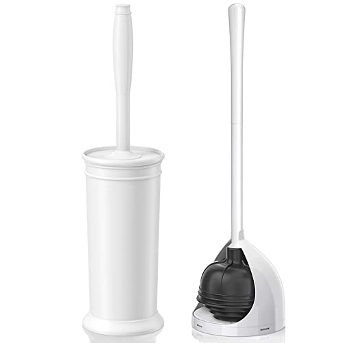 uptronic Toilet Brush and Toilet Plunger with Holder, Toilet Bowl Brush with Long and Large Handle for Bathroom Toilet Cleaning （White）
