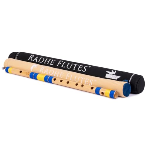Image of Radhe Flutes Bamboo Bansuri C Sharp Right Handed Middle Octave (18 inch) With Hard Cover (Beige Flute With Blue & Yellow Threads)