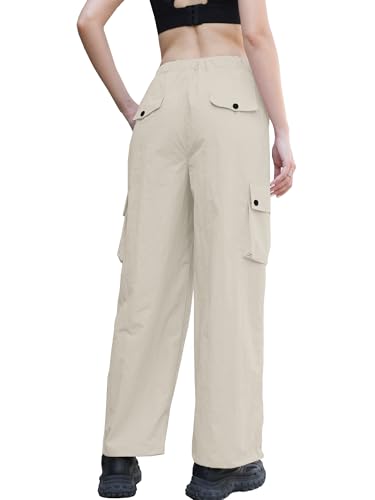 Image of Betusline Girls & Women's High Waist Wide Leg Cargo Pants Y2K Parachute Pants with Pockets and Drawstring 6 Years-Women 2XL