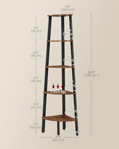 VASAGLE-Corner-Shelf-5-Tier-Corner-Bookshelf-Storage-Shelving-Unit-Plant-Stand-for-Living-Room-Industrial-Accent-Furniture-with-Steel-Frame-Rustic-Brown-and-Black-ULLS35X VASAGLE Corner Shelf 5 Tier Corner Bookshelf Storage Shelving Unit Plant Stand for Living Room Industrial Accent Furniture with Steel Frame Rustic Brown and Black ULLS35X