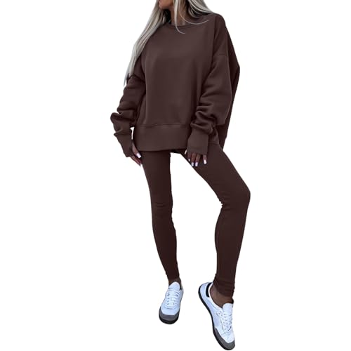 Image of NSICBMNO Coffee Tracksuit Womens Full Set 2 Piece Outfits Lounge Wear Sets Oversized Sweatshirt Tunic Tops Gym Leggings Straight Leg Joggers Airport Outfit Jogging Suits Co Ord Sets Y2K Streetwear