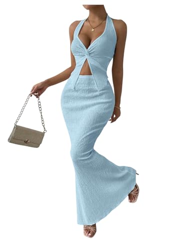 SOLY HUX Women's Two Piece Outfits Twist Front Halter Cami Tops and Skirt Summer Set Plain Light Blue Small