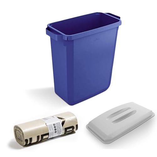 DLM Direct DURABIN - Cubo de basura rectangular azul de 60 litros y tapa gris y 25 bolsas de basura ecológicas de 110 L, juego de contenedores de plástico reciclado con asas de fácil transporte para