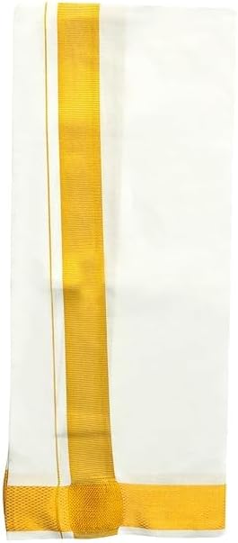 Global Men’s Traditional Pure Cotton White Dhoti with Golden Zari Border – Ethnic South Indian Veshti for Festivals & Weddings