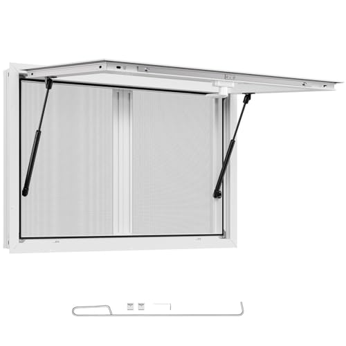VEVOR Concession Window 36x24 in, Aluminum Alloy Service Window for Food Truck, Up to 85 Degrees Stand Serving Window with 2 Sliding Windows, Awning Door, and Drag Hook, for Concession Trailers