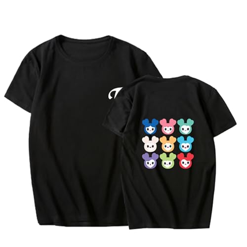 FUJUTANG Twice Unisex T-Shirt Twice Cartoon Shirt NaYeon Sana Mina Momo Tzuyu Dahyun Tee Shirt, Black, M