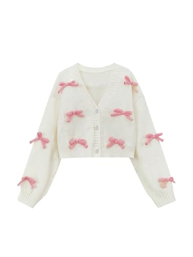 SHENHE Girl's Cute Bow Cardigan Sweater Button Down V Neck Loose Soft Knit Cropped Cardigan