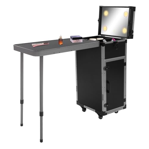 Eleeferri Rolling Manicure Table 4 Drawers Pro Makeup Train Case Foldable Nail Desk Cosmetology Case on Wheels with LED Mirror for Technician Workstation Mobile Makeup Artist Trolley