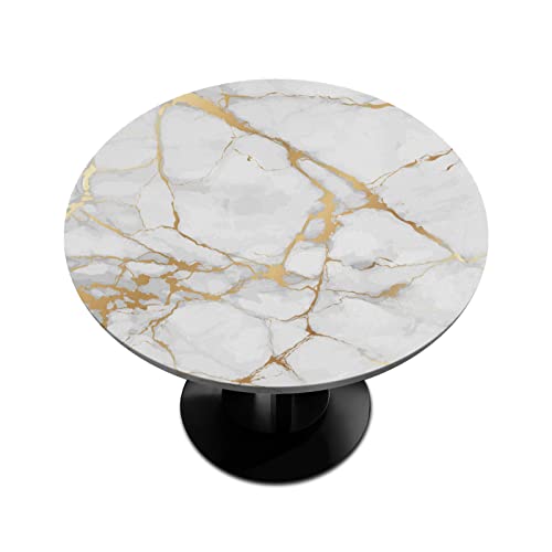 AUUXVA Marble Round Tablecloth with Elastic Edge,White Gold Marble Fitted Table Cloth Waterproof Wipeable Round Table Cover for Dining Kitchen Party Indoor Outdoor Patio Table 36