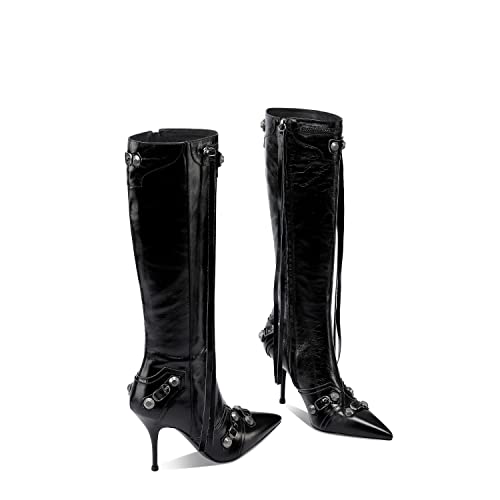 keleimusi Metal Studs Knee High Boots for Women Pointed Toe Heeled Ruffle Leather Shoes3