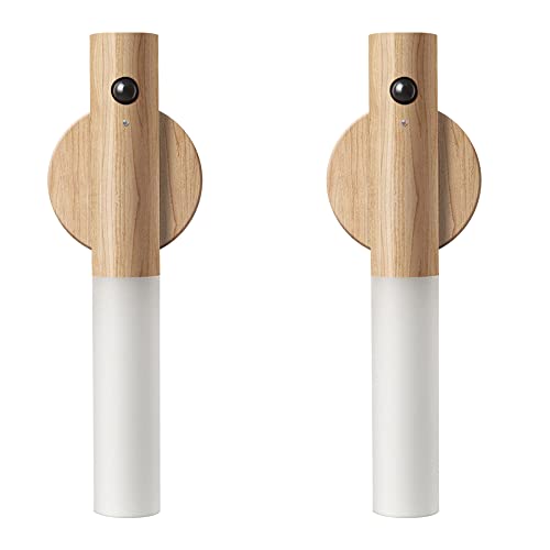 Image of Wooden LED Night Lights Motion Sensor Indoor Magnet Body Rechargeable Wall Mounted Torch Light for Bedroom, Hallway, Stairway and More(White Ash Wood 2PCS)