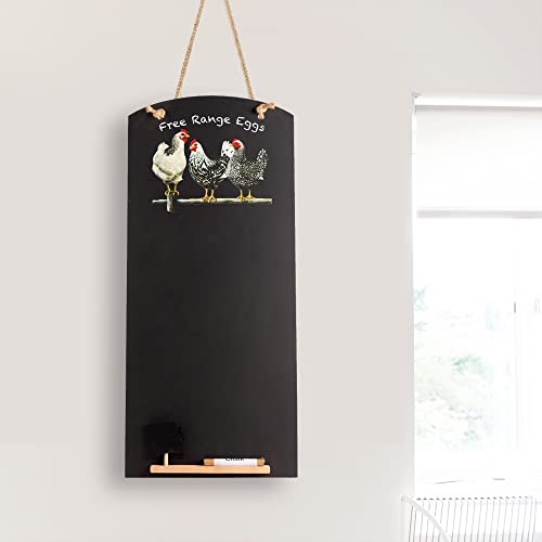 Chalkboards UK CHB125 - Pizarra de cocina con diseño de pollos en blanco y negro, con cuerda, bandeja y tiza, diseño de cabinas, madera, negro, 60 x 26,5 x 1 cm