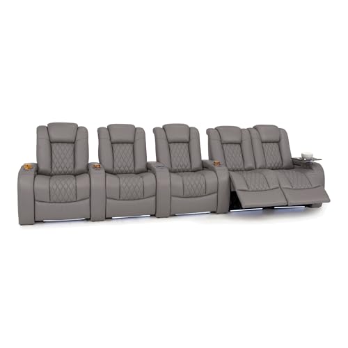 Image of Seatcraft Virtuoso LT Gray Italian Leather Home Theater Seating, Zero Gravity Power Recliner, Heat and Massage, Powered Headrest and Lumbar Gaming and Home Office Chair, Row of 5 Right Loveseats