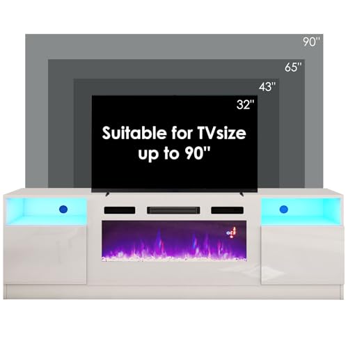 Image of AMERLIFE 80 inch Fireplace TV Stand with 40 inch Electric Fireplace | White, Matte Texture Finish, Modern Entertainment Center, Highlight Storage Cabinet, 12 Colors LED Lights, Fits 90 inch TVs
