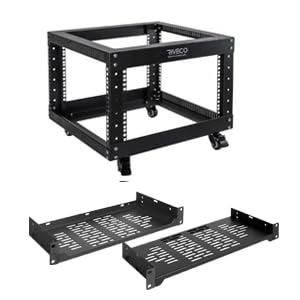 RIVECO 6U Open Frame Server Rack with Wheels- Heavy Duty 4 Post 19-inch Support 600KG Equipment Home Network Cabinet & 6" Rack Shelves 2 PCS