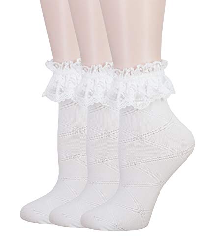 SRYL Women Ankle Socks,Women Lace Ruffle Frilly Ankle Socks Fashion Ladies Girl Princess Campus Dance Socks,s2 (3 Pairs-White)
