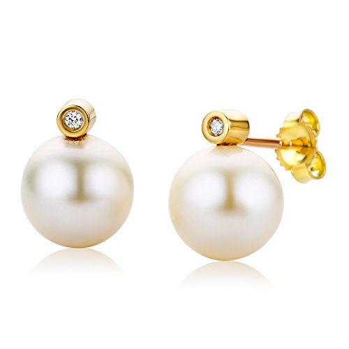 Miore Bijoux pour Femmes Clous d'Oreilles avec Perles d'eau douce blanches et Diamants 0.02 Ct Boules d'Oreilles en Or Jaune 18 Carats / 750 Or