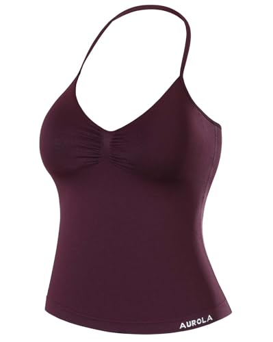 AUROLA Influence Longline Strappy Workout Halter Tops for Women Removable Cups Padded Bras Impact Gym Yoga Sleeveless Tank Top Black Cherry M