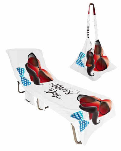 Father's Day Beach Chair Towel Covers for Chaise Lounge with Side Pocket, Soft Plush Pool Towels Cover for Patio Sunbathing Outdoor 29''x85'' Red Love Heart Tie Black Beard Sunglasses