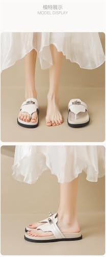 Women's Thick Soled Leather Sandals with Clipped Toes, Fashionable and Casual Buckle Flat Slippers(Apricot,5)3