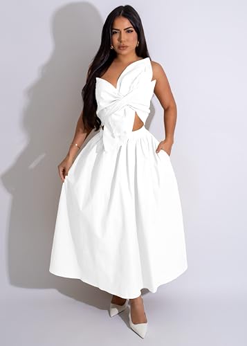 Image of YUEWOO Midi Dresses for Women Casual Summer Sundresses Vacation Outfits Spaghetti Strap Smocked Women Maxi Dress with Pockets