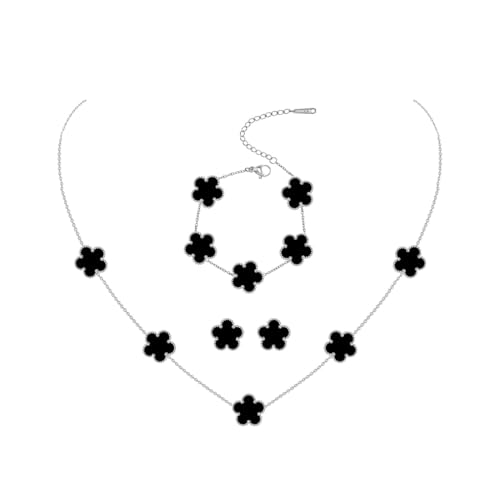 JYIXXZX Ensemble de Bijoux Trèfle à Quatre Feuilles pour Femme Argent Acier Inoxydable Porte Bonheur Trèfle Collier Boucles d'Oreilles Bracelet Réglable...