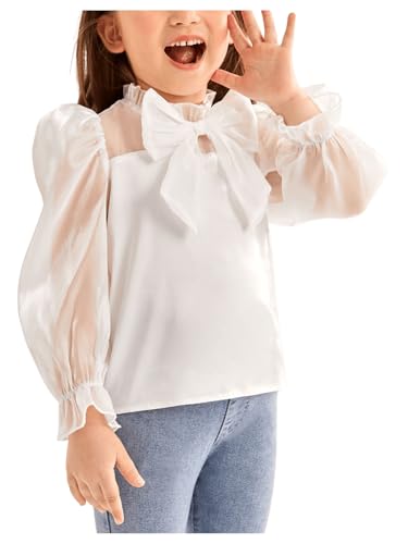 WDIRARA Toddler Girl's Mesh Sheer Long Sleeve Bowknot Mock Neck Frill Trim Blouse Top3