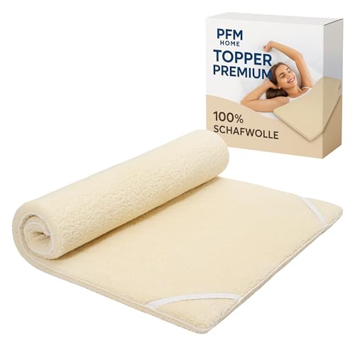 PFM HOME - Colchoneta de 180 x 200 cm - Cubrecolchón de lana de oveja natural con cremallera - Transpirable - Muy ergonómico y cómodo