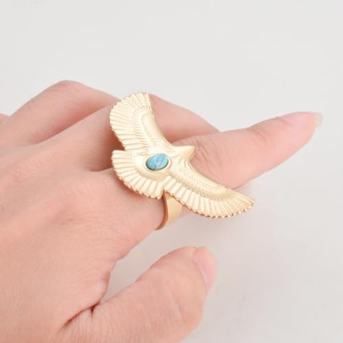18K Golden Plated Eagle Statement Open Ring Stainless Steel Turquoise Flying Bird Wings Promise Expandable Finger Band Wedding Engagement Rings Fashion Jewelry Gifts for Women Bff2