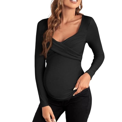 Chemise de maternité côtelée extensible col V manches longues en polyester respirant