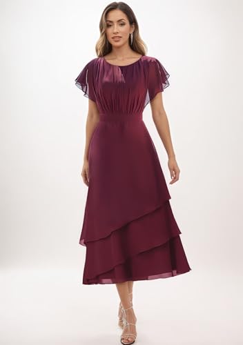 Tea Length Mother of The Bride Dresses for Women Flutter Sleeves Ruffle Chiffon Formal Wedding Guest Dress2