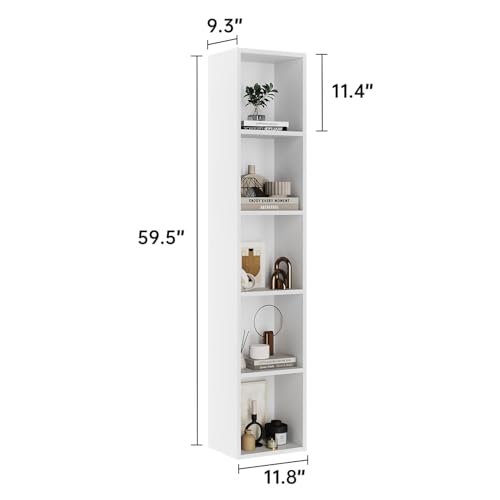 oneinmil Tall Narrow Bookshelf, 5-Tier Cube Display Rack, Modern Corner Bookshelf with Storage Space, CD Storage Cabinet for Home Office (White 1 Pack, 5-Tier)