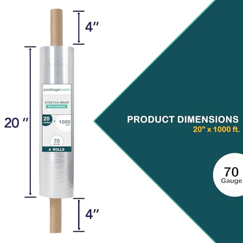 Image of PackageZoom 20 inch x 1000 Feet Stretch Wrap With Handle, Clear Stretch Film, 8 Rolls