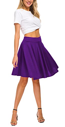 Image of EXCHIC Women's Casual Stretchy Flared Mini Skater Skirt Basic A-Line Pleated Midi Skirt