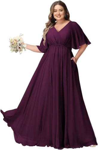 JAEDEN Große Größen Abendkleid mit Taschen Damen Lang Brautjungfernkleid V Ausschnitt Hochzeitsgast Kleid Plum 38