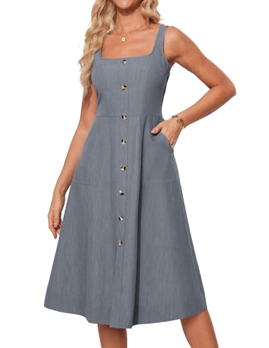 Image of GRACE KARIN Women's Summer Dress 2025 Casual Square Neck Flattering A-Line Button Down Midi Tank Sundress with Pockets