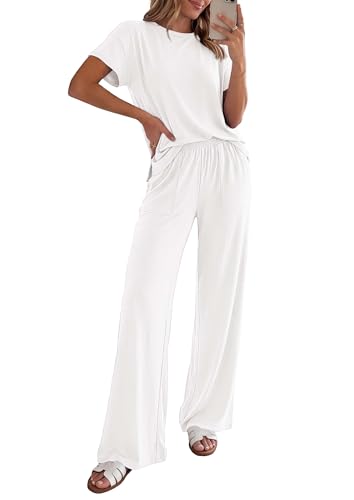PRETTYGARDEN Womens 2026 Summer 2 Piece Matching Lounge Sets Short Sleeve Shirts Tops Wide Leg Pants Travel Airport Outfits (White Medium)