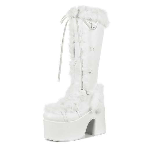 VIMISAOI Womens Mid Calf Boots, Lace Up Zip Block Chunky High Heel Punk Goth Warm Fur Winter Snow Platform Boots